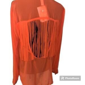 SHEER BUTTON DOWN BLOUSE WITH FRINGE BACK ORANGE SIZE M